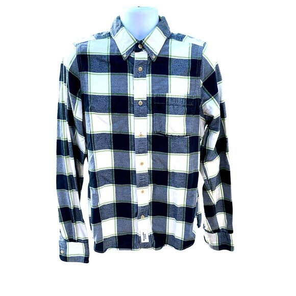 Abercrombie Fitch Large Muscle Button Up Plaid Shirt Green Navy White Cotton Men - Picture 2 of 10